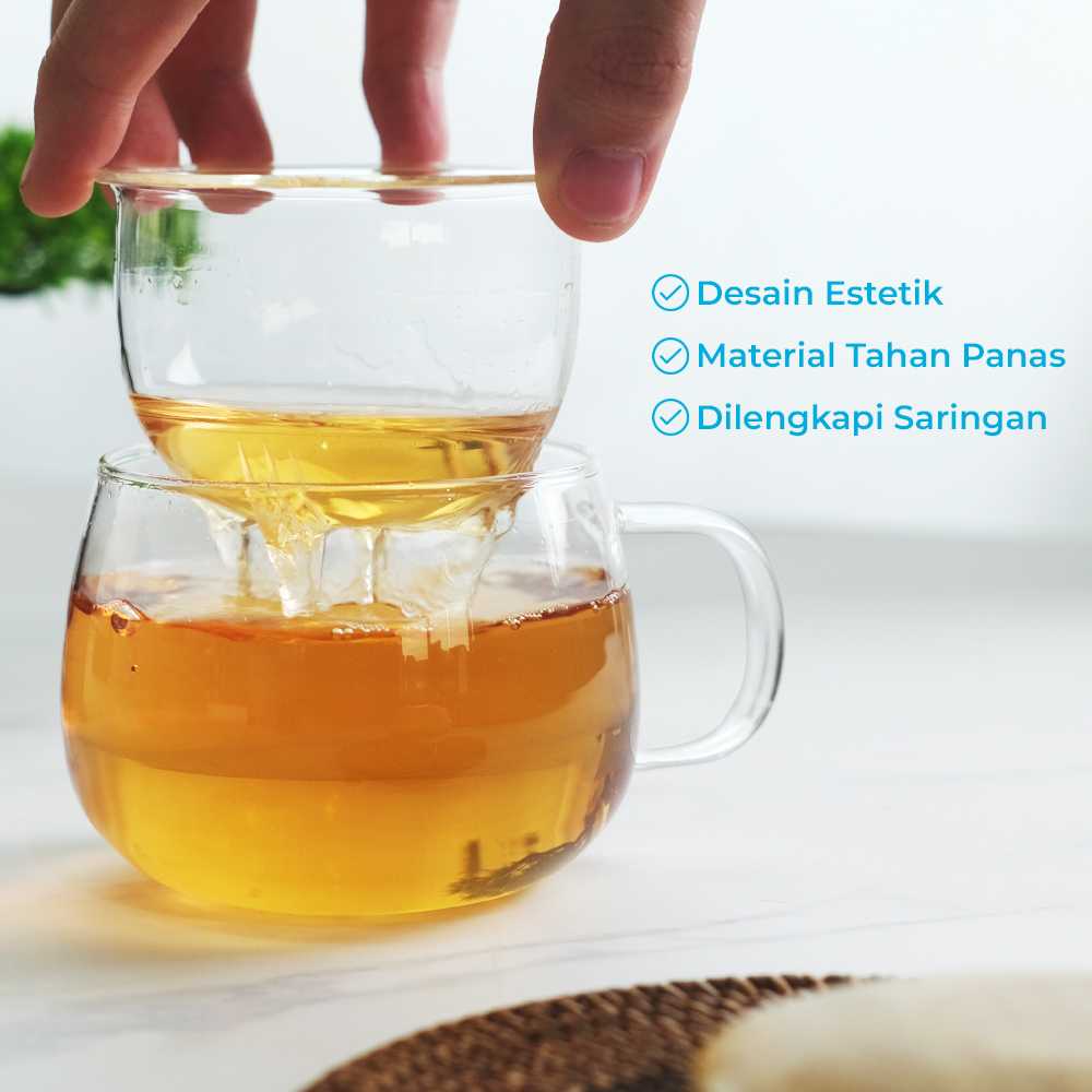 Mug Teh Kaca Tahan Panas One Two Cups + Saringan C225 
